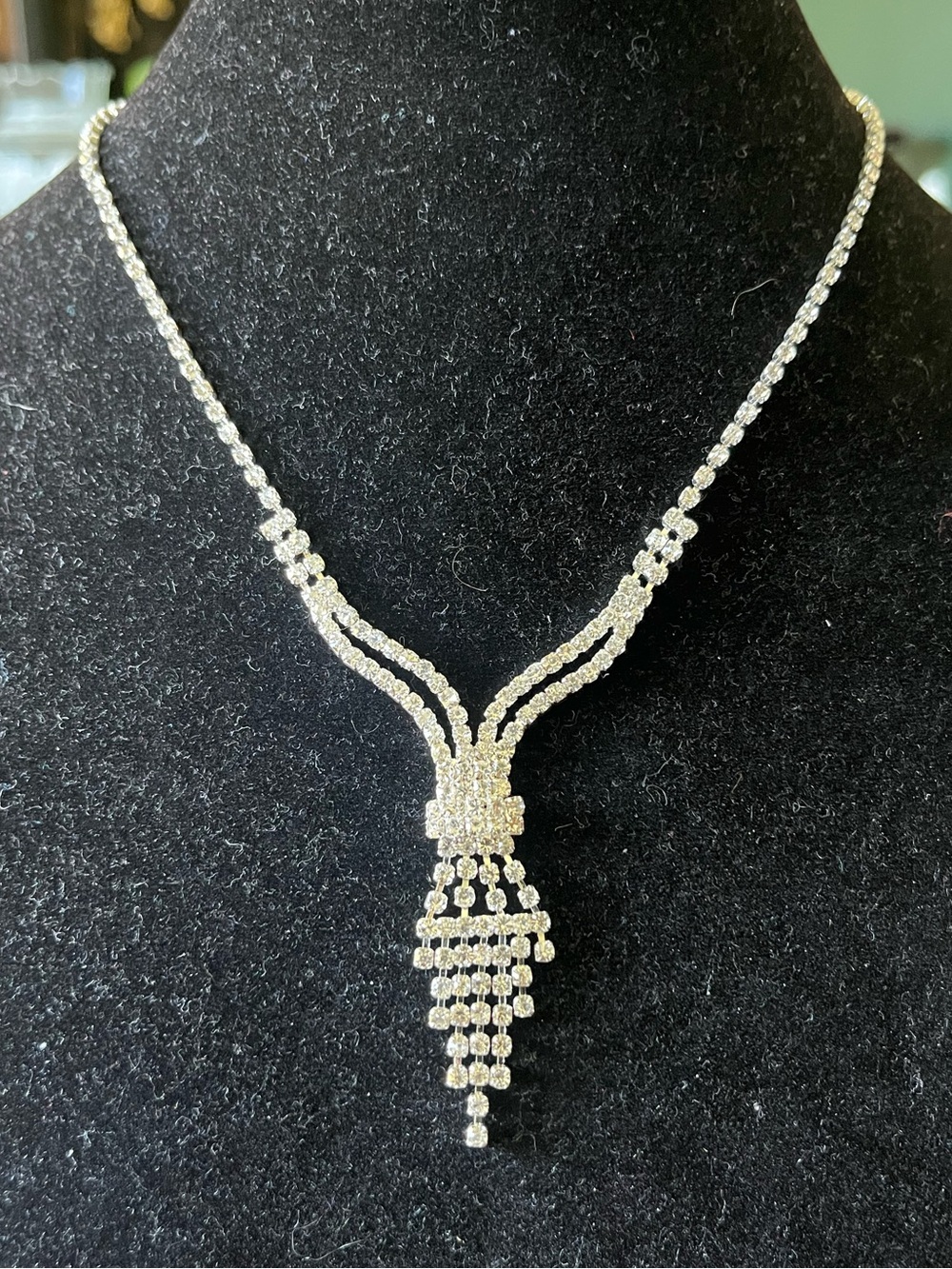 Vintage Christina Collection Rhinestone Tassel Necklace Silver Tone